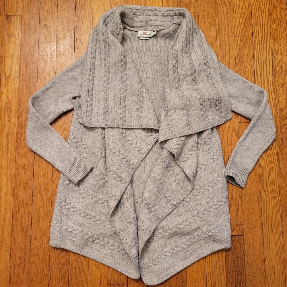 Vineyard Vines Gray Cable Knit Wool Cashmere Blend Waterfall Cardigan XS Winter